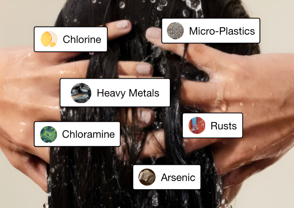 Hands washing hair with labeled contaminants including chlorine, micro-plastics, heavy metals, chloramine, rusts, and arsenic.
